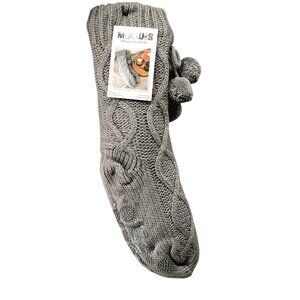 Muk luks Slipper Socks Womens Size S/M 5-7.5 Gray Cable Knit Sherpa Pom Pom Skid